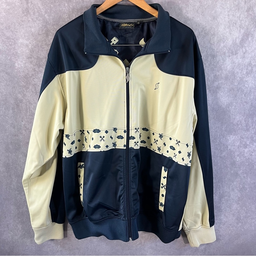 Custom Retro Embroidered Graphic Print Mens Lined Jacket XXL Beige / Blue Zip Up